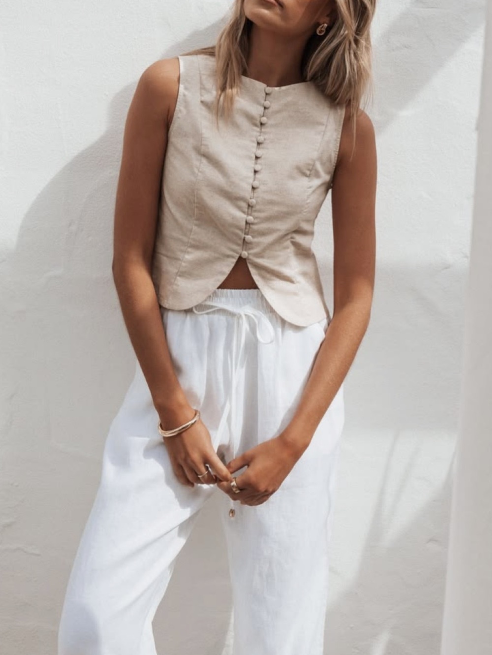 Petal & Pup Linen Button-Front Vest in Oatmeal